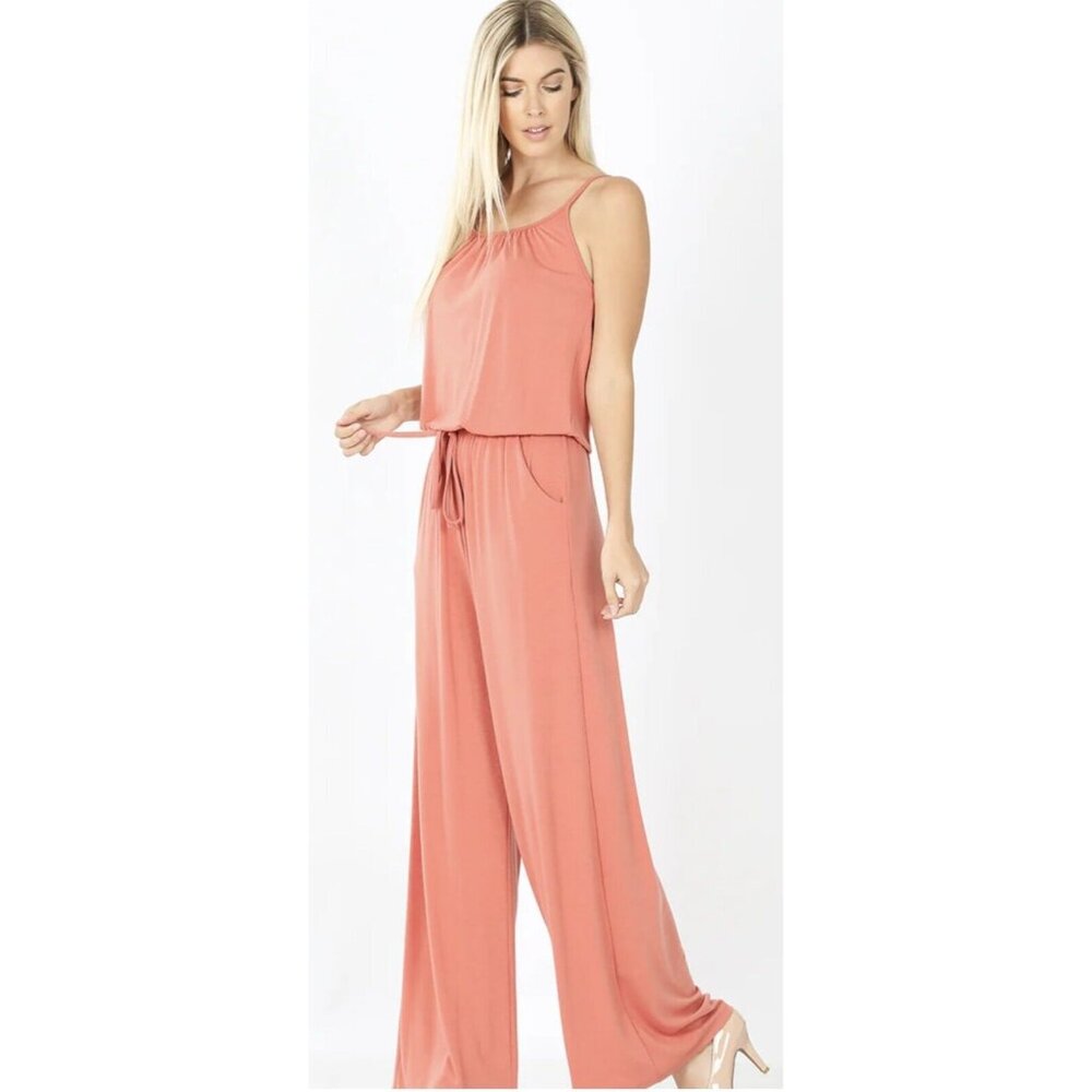 L&B Womens NWT Coral Spaghetti Strap Jumpsuit Sz L drawstring 2 pckts‎ FITS XL